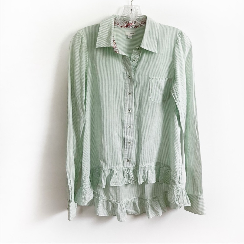 Odille Anthropologie shirt green white striped ruffle button up high low